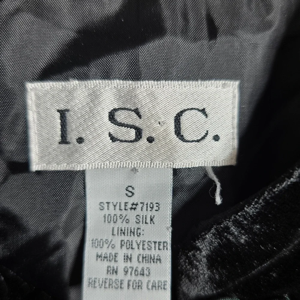I S C Jacket Black Velvet 100% Silk Mandarin Collar Embroidered Floral Woman Sml